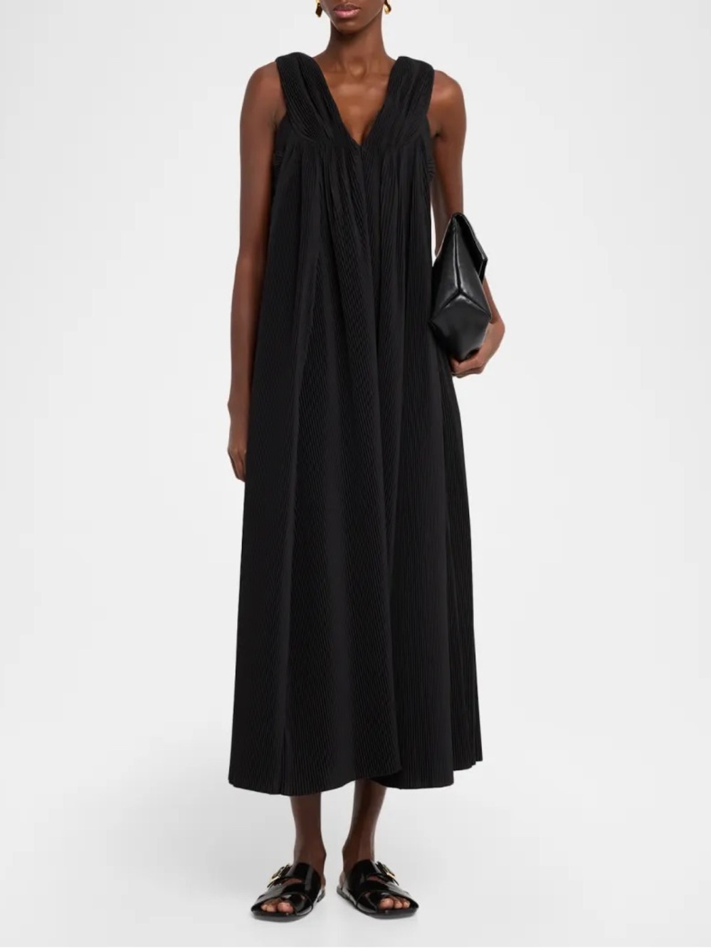 Co Crinkle Pleated V-Neck Sleeveless Midi Dress NWT